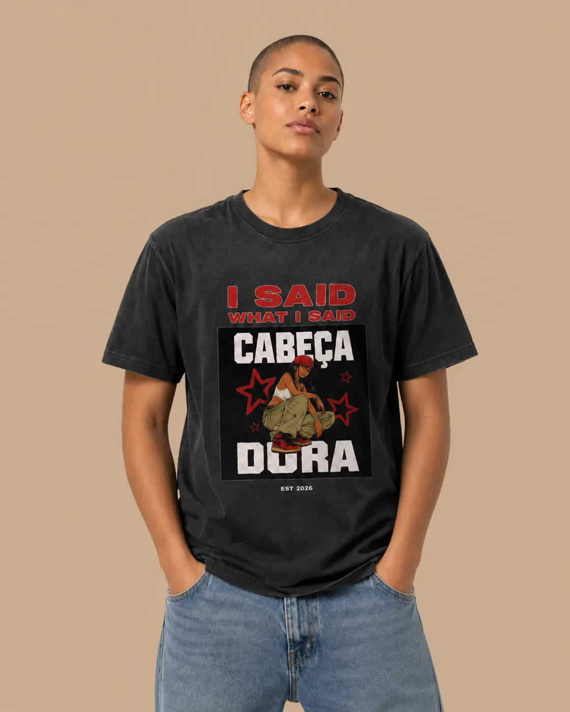 Female model wearing the I Said What I Said faded black oversized T-shirt, front view
