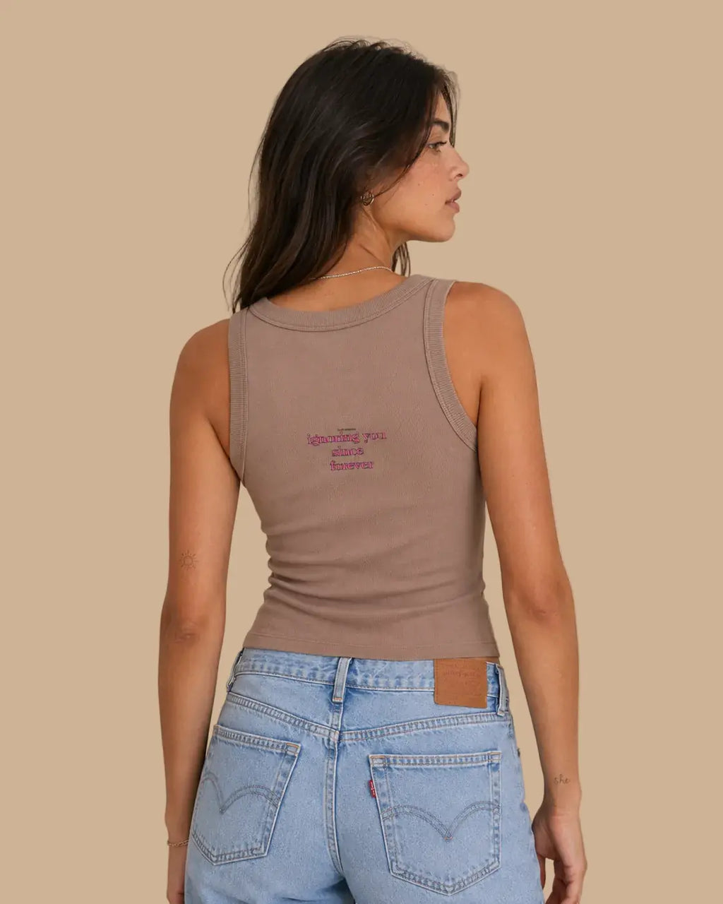 Back view of the Ignoring You Since Forever hazy pink rib crop top by Cabeça Dura