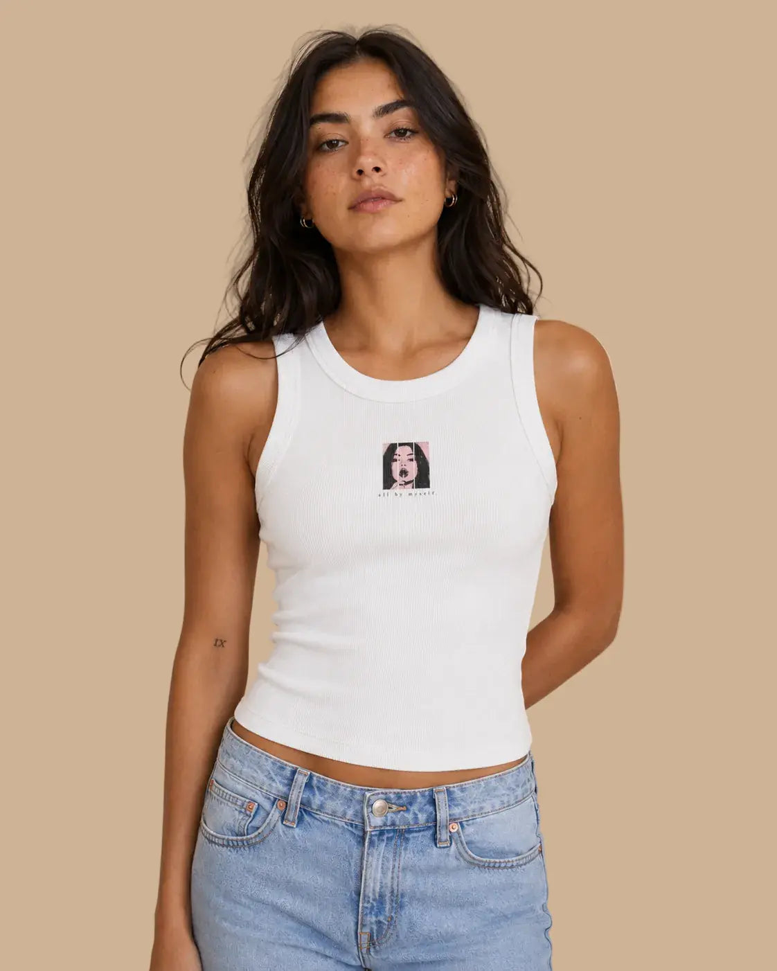 Front view of the Ignoring You Since Forever white rib crop top by Cabeça Dura