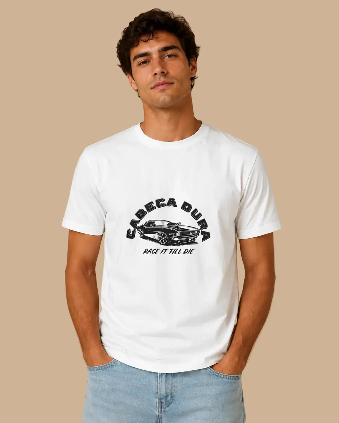 Front view of the Race Till Die white oversized Cabeça Dura T-shirt by Augusta Store