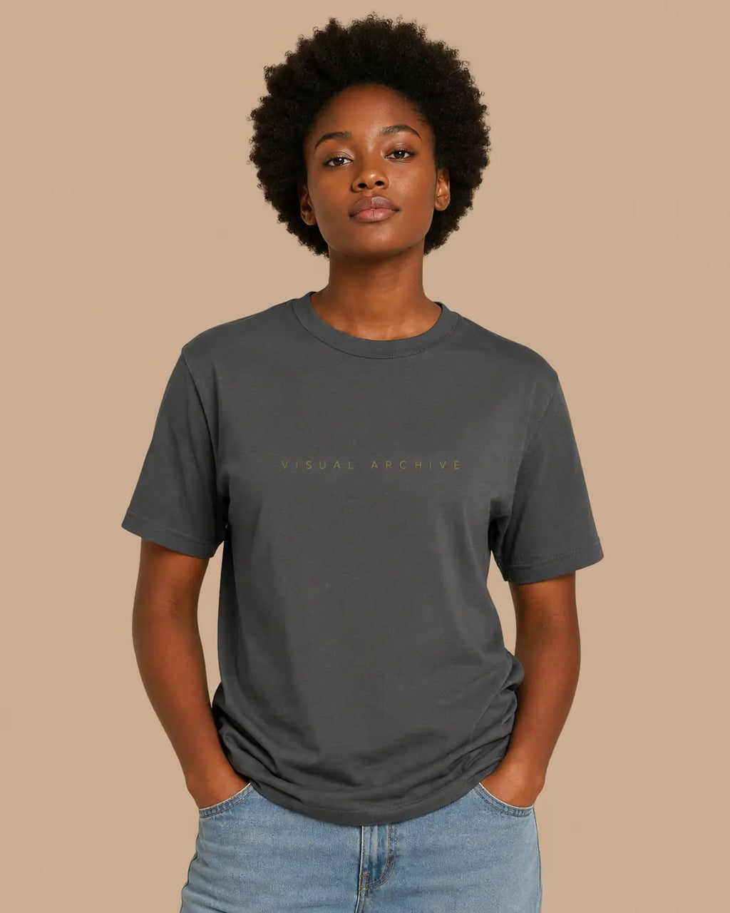 Female model wearing the Visual Archive shadow oversized T-shirt, front view
